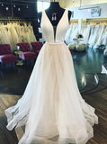 a line plunging neckline sparkly glitter tulle long wedding dress pw267