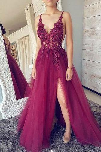 a line spaghetti straps backless illusion lace tulle prom dress with slit