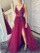 a line spaghetti straps backless illusion lace tulle prom dress with slit
