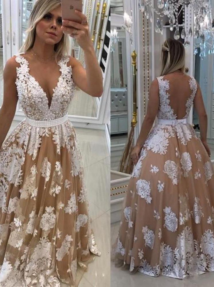 a line tulle illusion back lace appliques long prom dress with pearls mp983