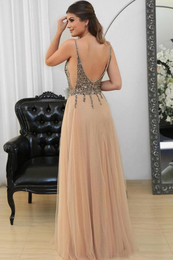 a line tulle v neck beaded bodice backless prom evening dress