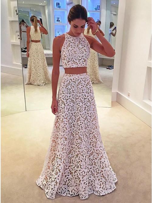 a line two piece lace long prom dress round neck floor length mp905