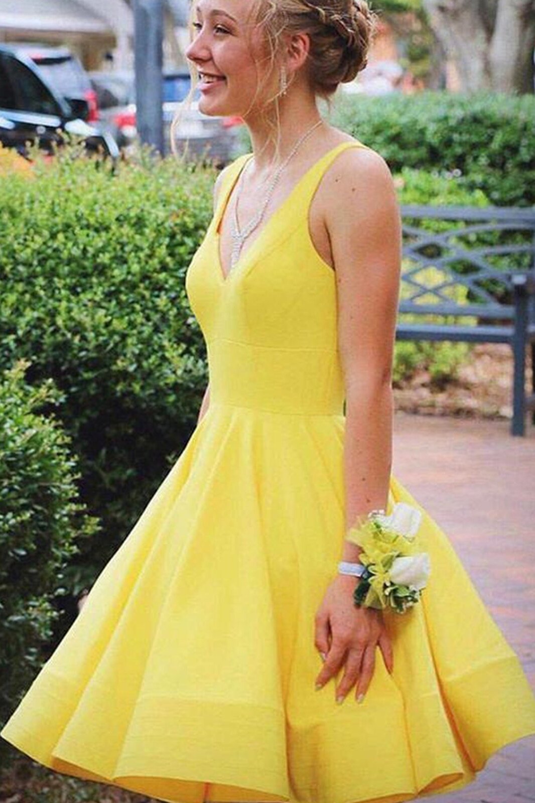 simple yellow homecoming party dresses a line v neck short prom dress
