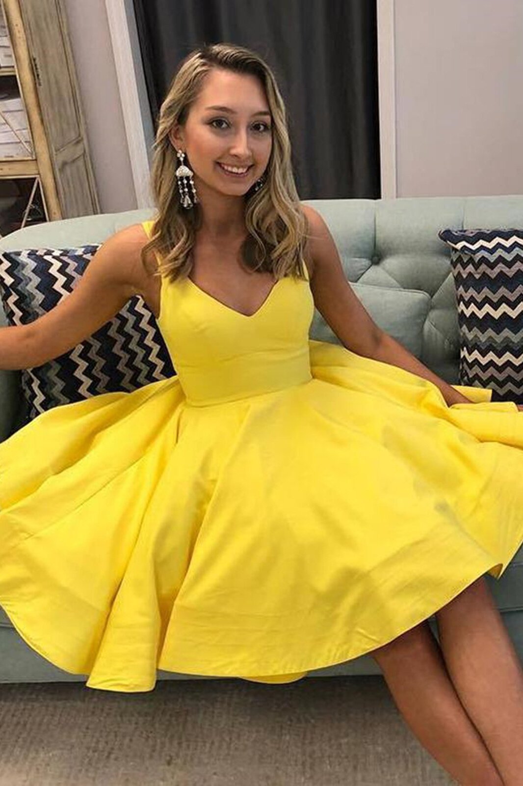 simple yellow homecoming party dresses a line v neck short prom dress