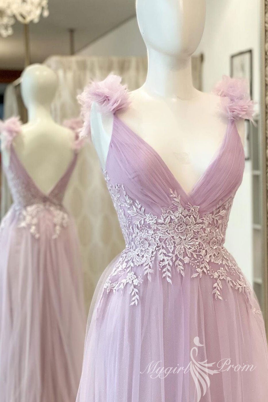 A line V neck Pink Long Prom Dress With Lace Applique, Tulle Long Formal Gown GP443