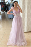 a line v neck pink long prom dress with lace applique tulle long formal gown