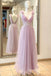 a line v neck pink long prom dress with lace applique tulle long formal gown