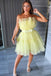 simple a line yellow tulle strapless short prom dress homecoming dresses