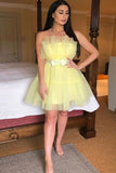 Simple A line Yellow Tulle Strapless Short Prom Dress, Homecoming Dresses GM518