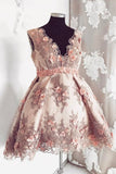 cute v neck lace short homecoming dress appliqued short pink sweet 16 dress