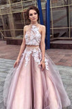 Appliques A-line Halter Pink Prom Dresses,Tulle Graduation Gown GP258