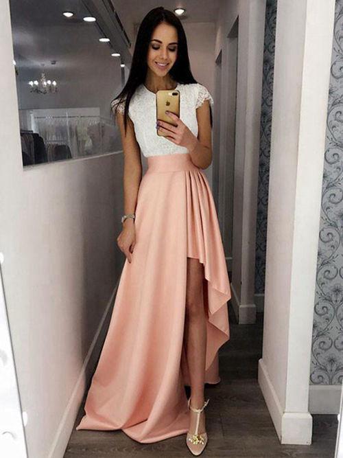 cap sleeves round neck lace bodice asymmetry pink satin prom dress