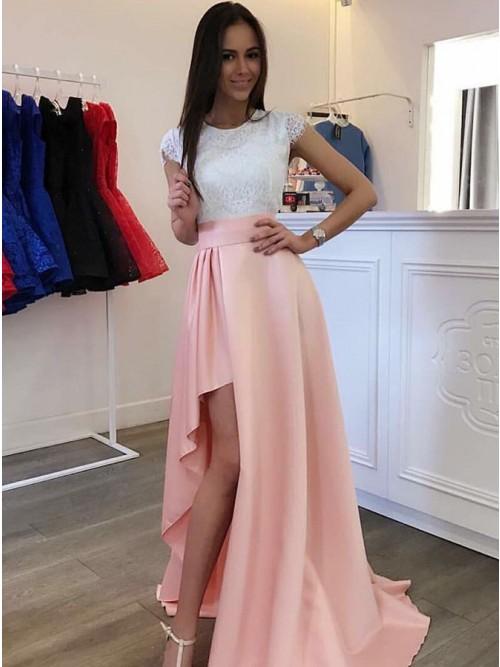 cap sleeves round neck lace bodice asymmetry pink satin prom dress