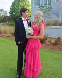 modest straps hot pink long prom dresses a line tulle tiered formal gown