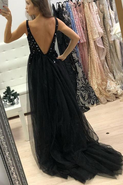 backless black long prom dress sequins beaded a line v neck tulle with split mp916