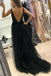 backless black long prom dress sequins beaded a line v neck tulle with split
