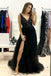 backless black long prom dress sequins beaded a line v neck tulle with split