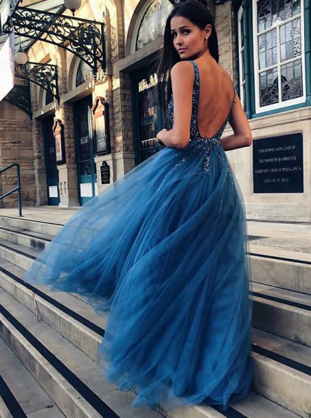 backless blue a line v neck tulle long prom dress with beading
