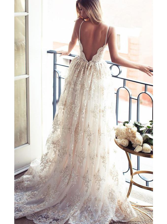 a line spaghetti straps lace backless long wedding dress pw275