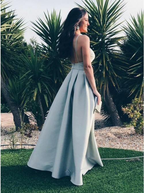spaghetti straps backless light blue satin long prom dress