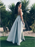 spaghetti straps backless light blue satin long prom dress
