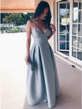 spaghetti straps backless light blue satin long prom dress