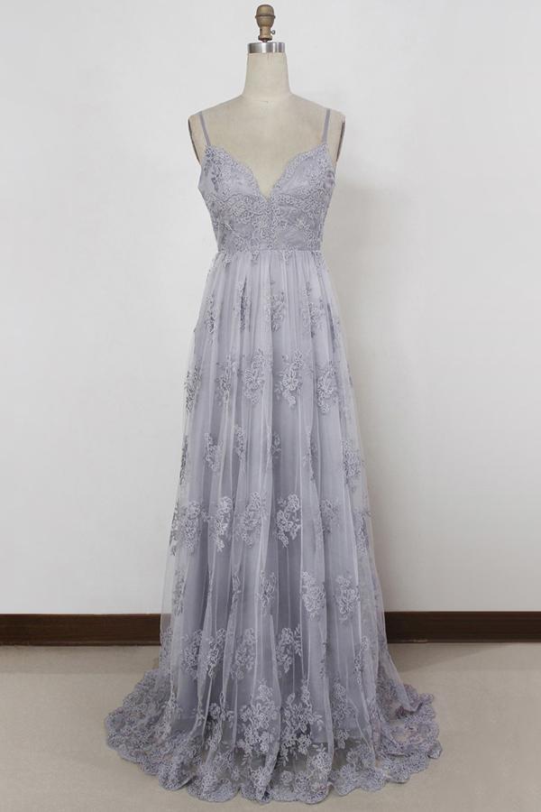 a line v neck backless tulle grey long prom dresses with appliques mp799