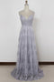 A-line V-neck Backless Tulle Grey Long Prom Dresses with Appliques MP799