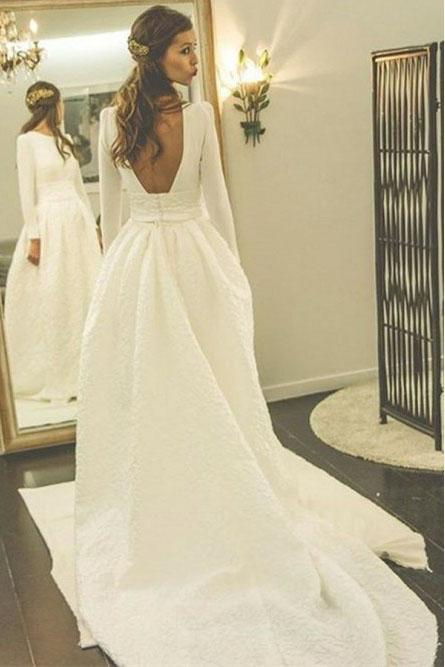 backless wedding dress a line bateau long sleeves bridal gown with pocket pw250