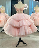 Beautiful Ball Gown Tulle Tiered Short Prom Dress, Princess Pink Sweet 16 Dress GM516