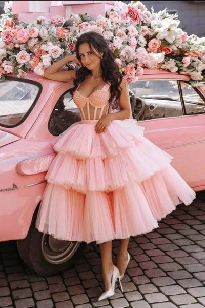 Beautiful Ball Gown Tulle Tiered Short Prom Dress, Princess Pink Sweet – MyGirlProm.com