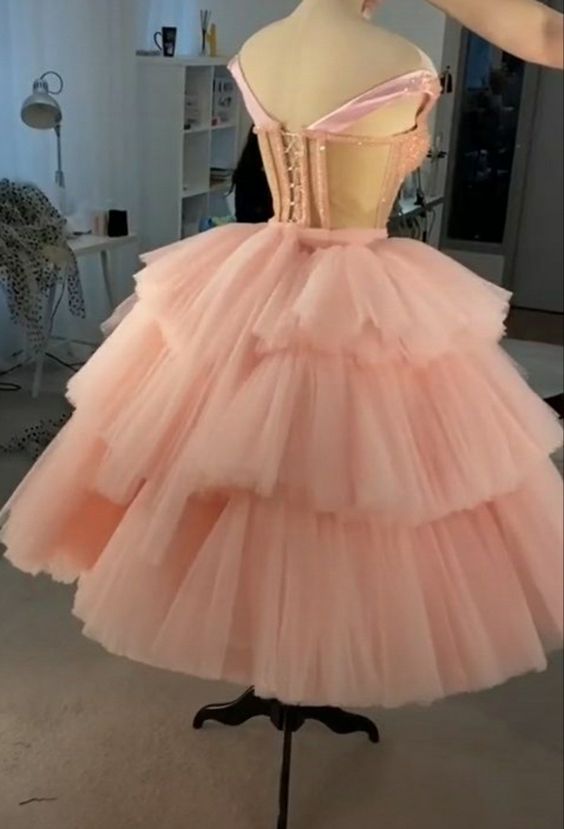 Beautiful Ball Gown Tulle Tiered Short Prom Dress, Princess Pink Sweet 16 Dress
