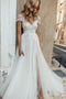 Beautiful White Tulle Wedding Dress, Cap Sleeve Boho Bridal Gown With Split PW463