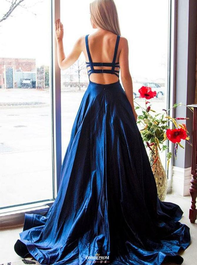 beautiful open back royal blue prom dress long satin formal gown mp771