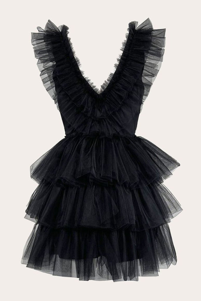 plunging v neckline tiered black mini puffy party dress tulle homecoming dress