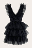 Plunging V-Neckline Tiered Black Mini Puffy Party Dress, Tulle Homecoming Dress GM517