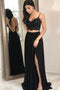 Black Lace Chiffon Two Piece Prom Dress with Slit, Black Long Evening Gowns GP176