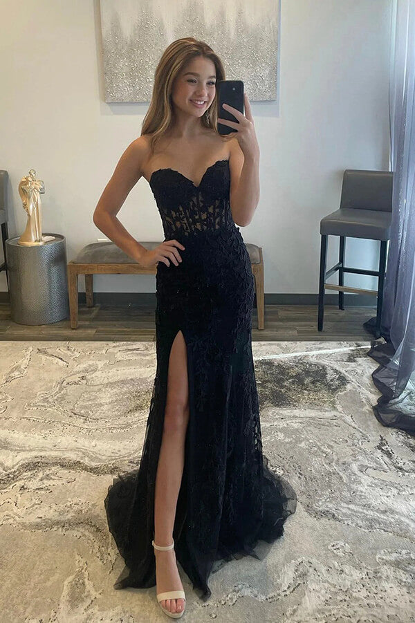strapless black lace mermaid prom dresses evening dresses with split