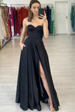 black satin a line long prom dress sweetheart floor length evening dress