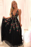 black lace floral embroidery long prom dress a line v neck backless formal gown