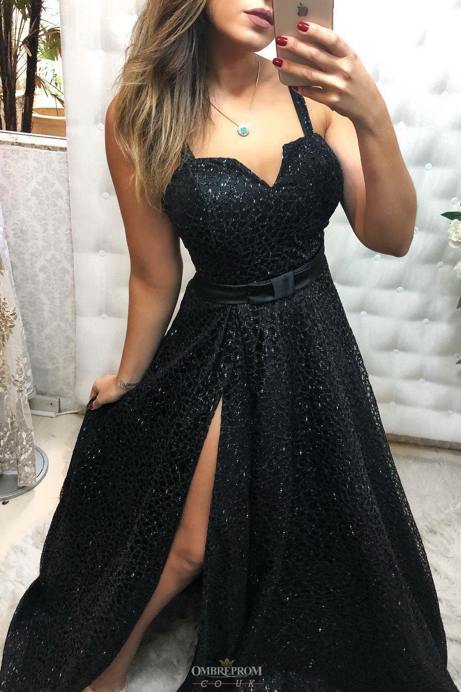 black lace long prom dress with slit, black evening gown mp751