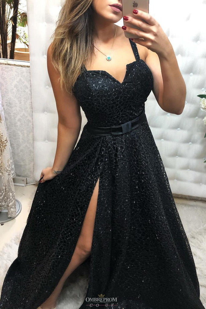 black lace long prom dress with slit black evening gown