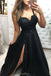 black lace long prom dress with slit black evening gown