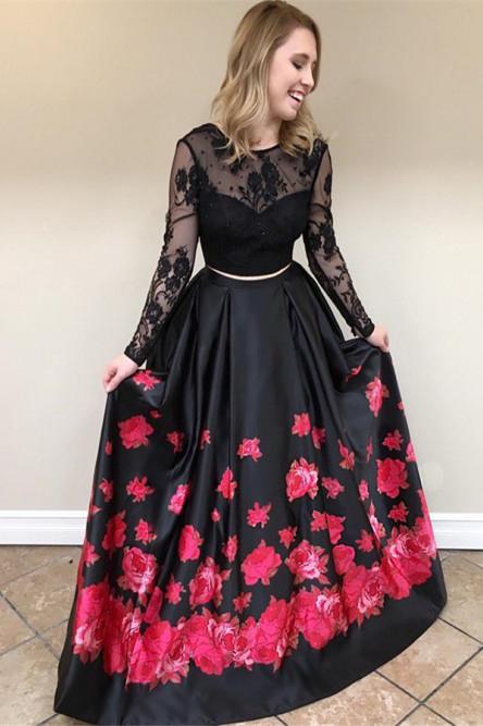 black lace long sleeves prom dress two piece with floral print