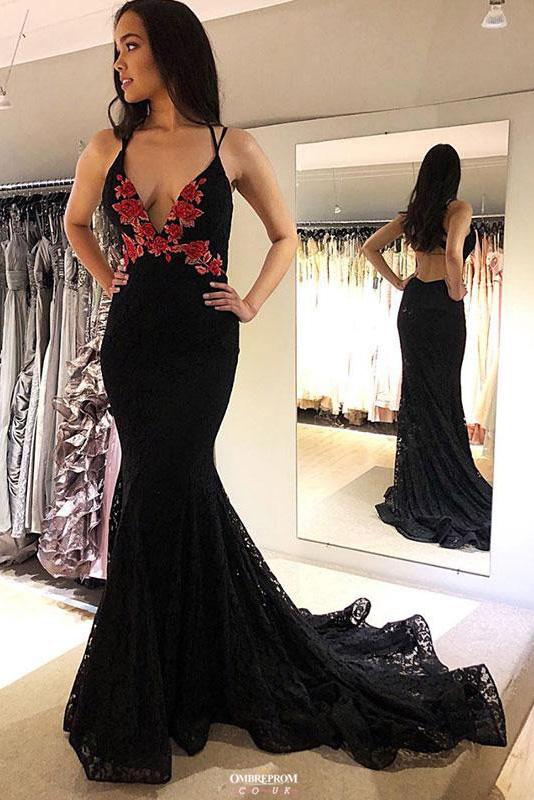 black lace mermaid prom dresses v neck backless evening gown
