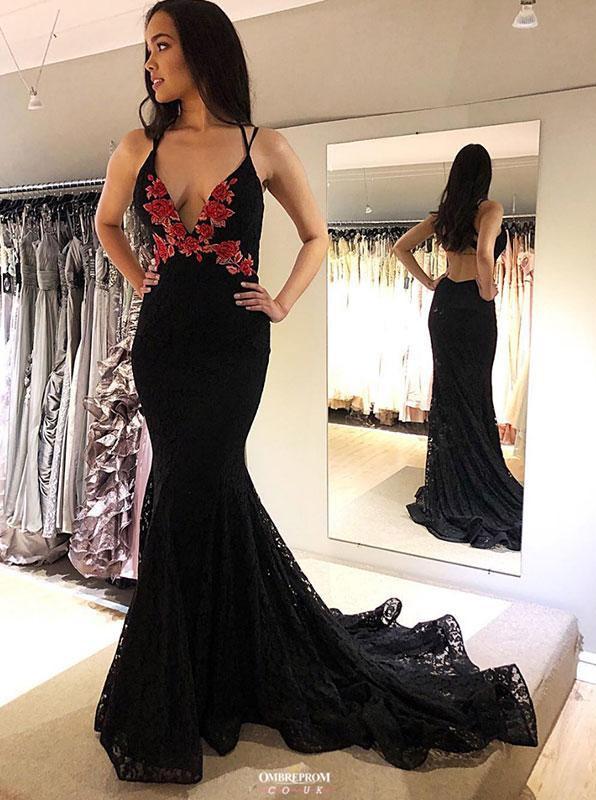 black lace mermaid prom dresses v neck backless evening gown