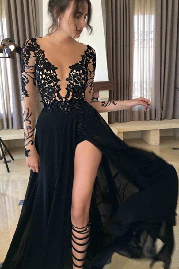 black long prom dress long sleeves lace appliques with slit