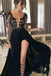 black long prom dress long sleeves lace appliques with slit
