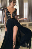 Black Long Prom Dress Long Sleeves Lace Appliques With Slit MP696