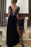 Black Long Prom Dress Long Sleeves Lace Appliques With Slit MP696